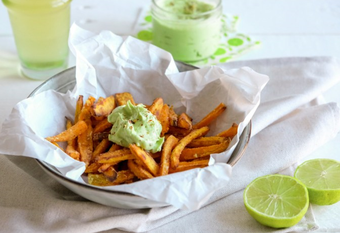 Crispy sweet potato fries with avocado dip sauce