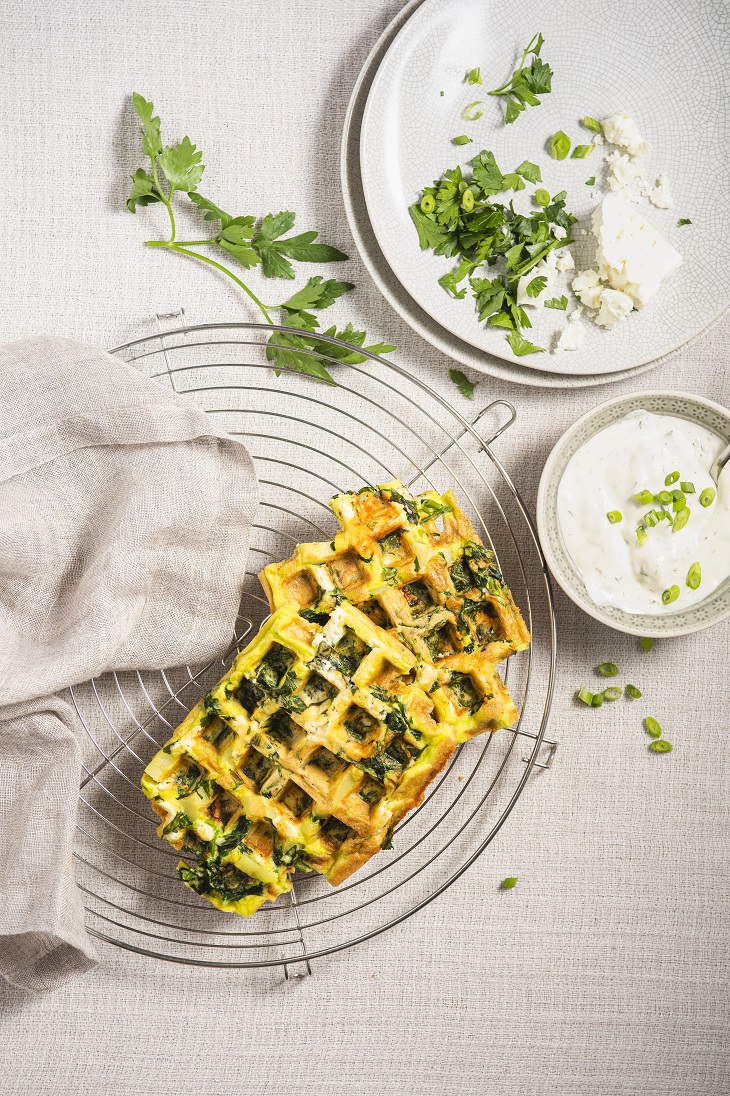 Greek waffle with spinach, feta cheese and potato